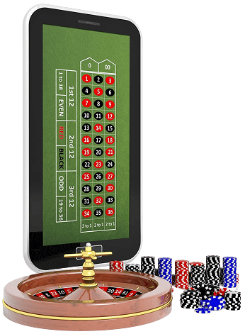 Roulette wheel with phone and chips